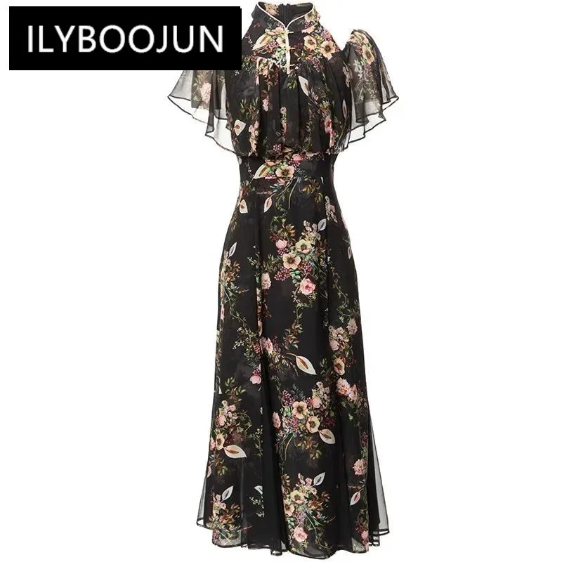 

ILYBOOJUN Fashion Designer Spring Summer Women's Stand Collar Cloak Sleeves Button Elegant Printed Bohemian Holiday Dresses