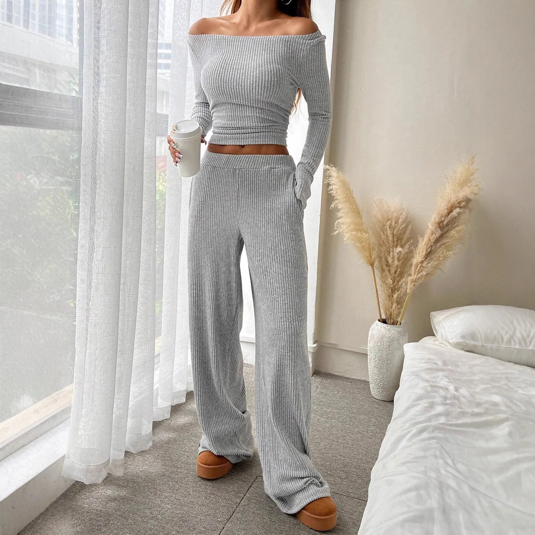Two Pieces Women Pant Sets Solid Matching Set Long Sleeves Top Elastic Waist Wide Leg Pant Slim Fit Casual 2025 Autumn Winter