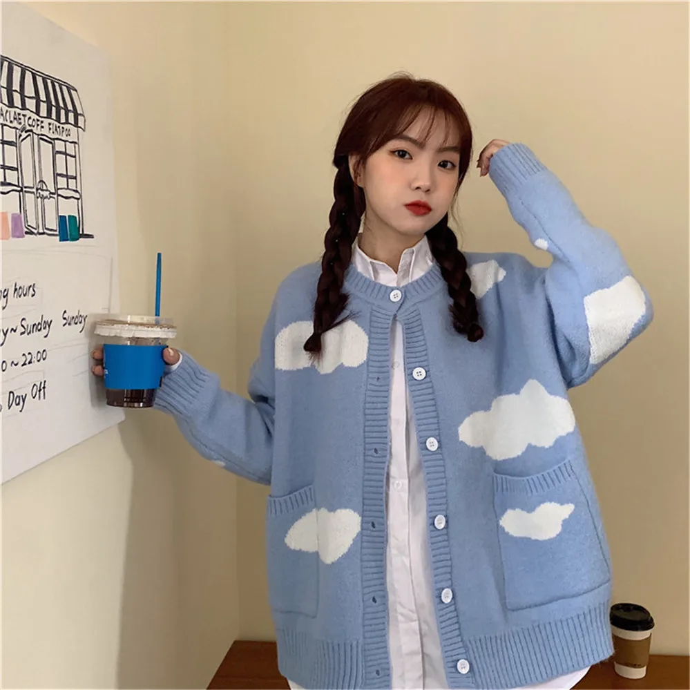 Cloud Blue Women Sweet Cardigan Winter Autumn O-Neck Button Long Sleeve School Girl Preppy Style Knit Coat Jacket Streetwear