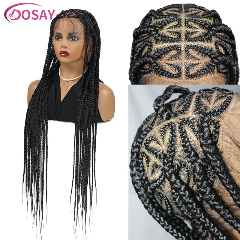 Peruca trançada caixa Knotless para mulheres negras, em forma de coração, Faux Locs, tranças, renda cheia, peruca Cornrow, cabelo de bebê, cabelo sintético