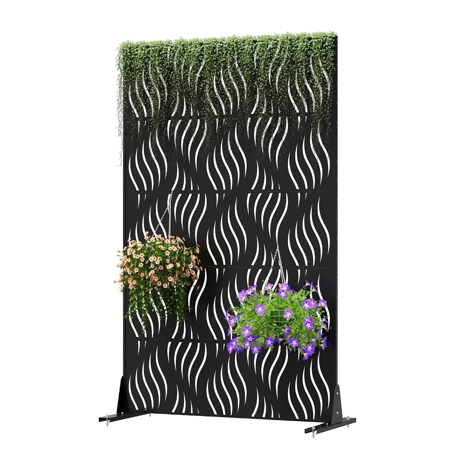 Metal Privacy Screen Outdoor 72" H×44" W -Black Freestanding Outdoor Privacy Panels with Stand, Decorative Fence for Patio