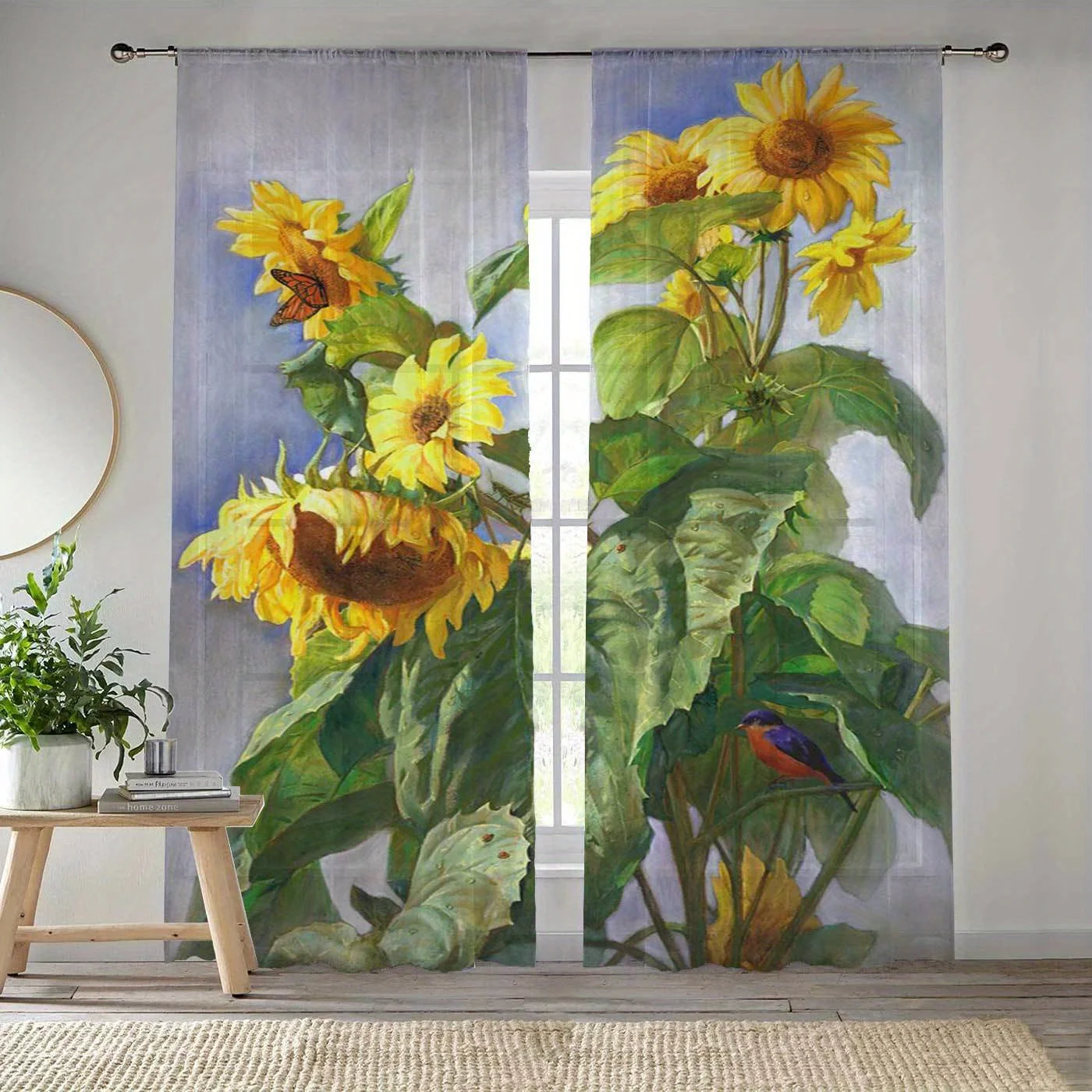 Modern Simplistic Style Sunflower Print Drapes for Living Room Bedroom Decor Rod Pocket Semi-Sheer for Windows Decorations