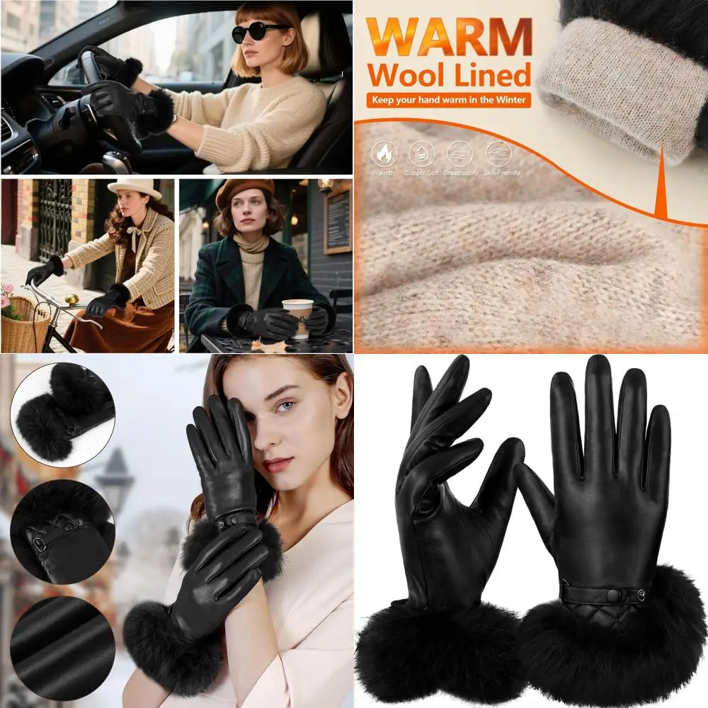

Luxury Women's Rabbit Fur Cuff Leather Gloves for Winter with Touchscreen & Warm Driving Features