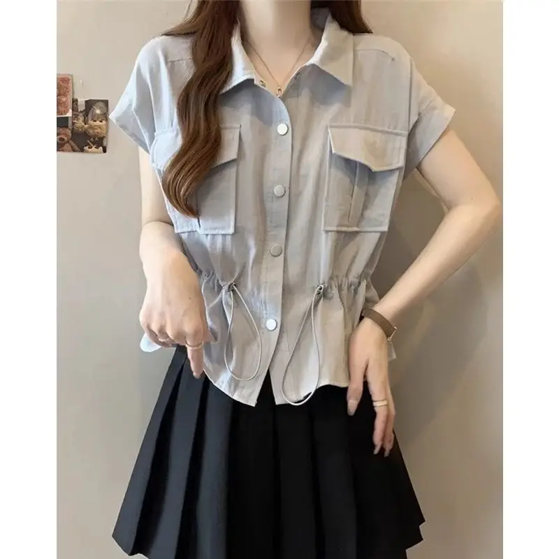 

Large Sized Women's Clothing PLOL Collar Double Pockers Short Sleeves Shirt Summer New Casual Personality Drawstring Loose Top