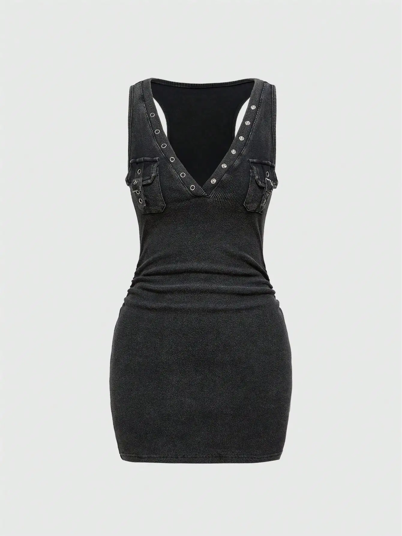 

Black Distressed V-Neck Ribbed Bodycon Mini Dress with Pocket & Rivet Detail