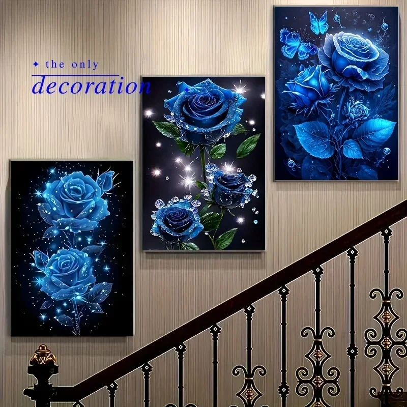 3pcs Diamond Painting Set, Elegant Noble Blue Rose Pattern, 5D Round Full Diamond Unframed Diamond Art, Suitable for Home Liv