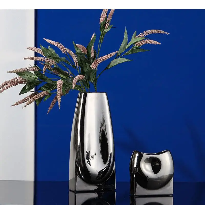Silver-plated Ceramic Vase Desk Decoration Abstract Geometric Vases Irregular Shape Flower Pots Decorative Arrangement