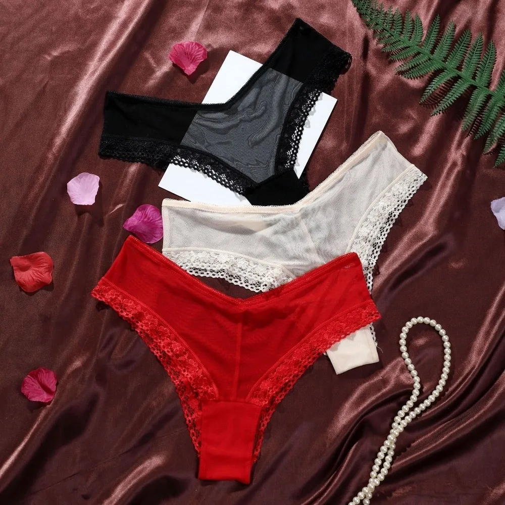Fashion Low Waist Mesh Floral Panties Patchwork Underwear Mesh Sheer Lace Thong Intimate Female Lingerie Romantic T Panties Lady