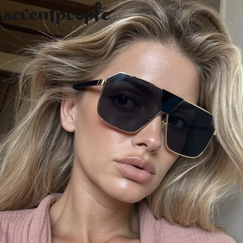 Oversized Windproof Rectangle Shield Sunglasses Women 2025 Luxury Brand Vintage Punk Pilot Metal Frame Sun Glasses Trendy Goggle