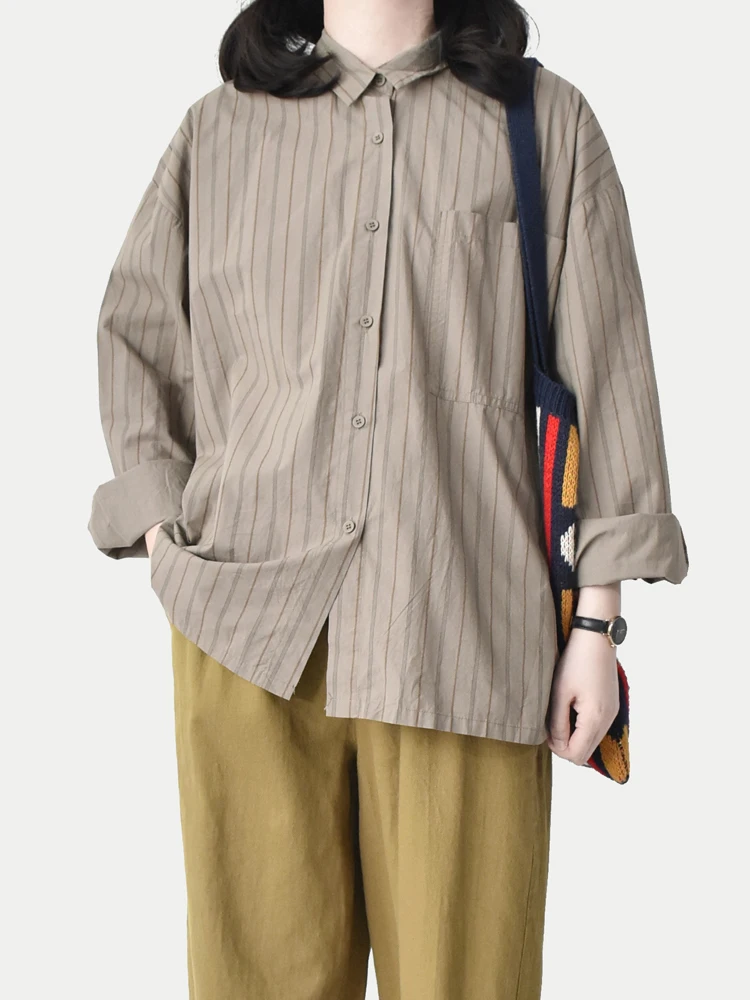 

Casual Stripe Long Sve irt Tea Coffee Baund Loose oulder Drop Collar Autumn Winter Cotton Pure Men's Faion Retro