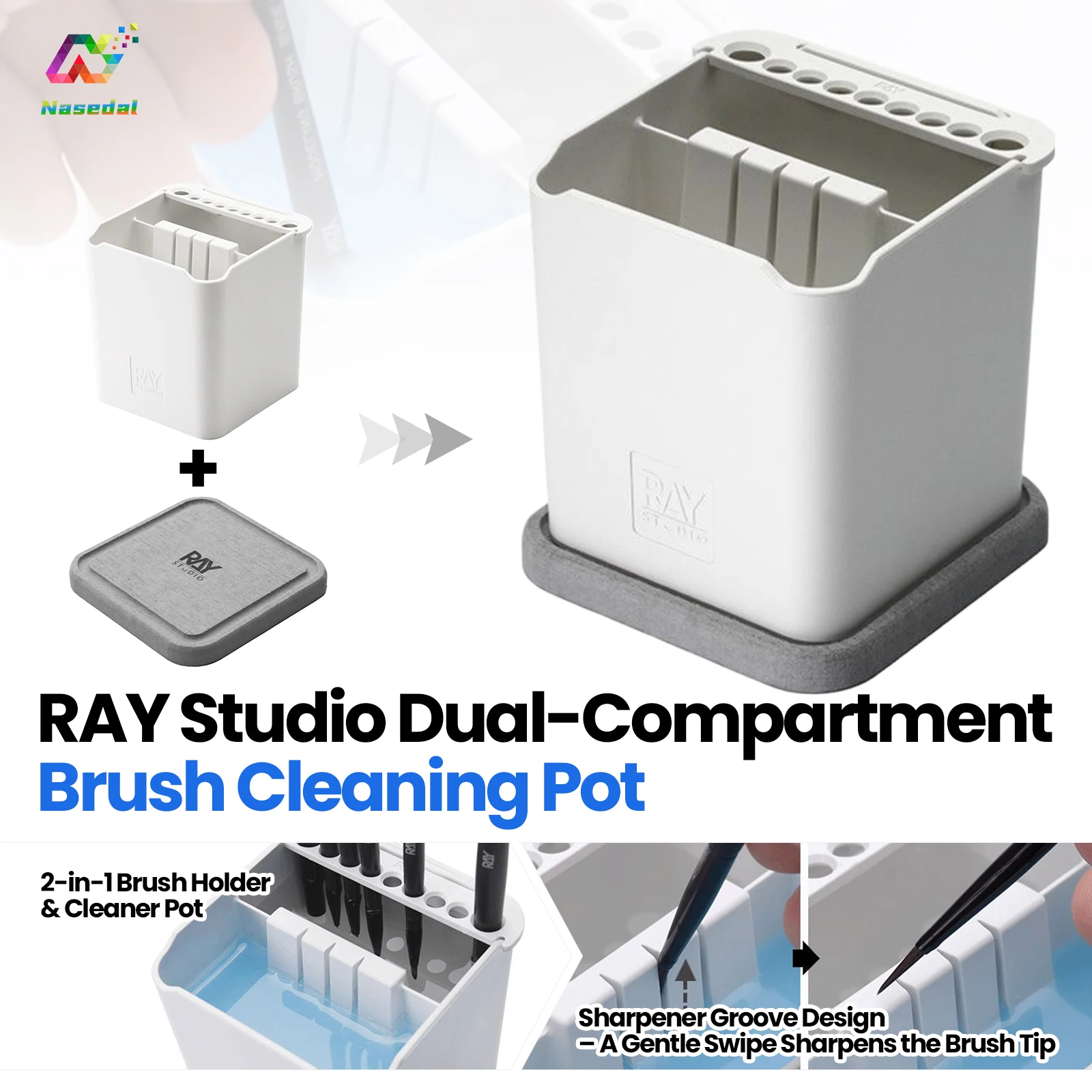 RAYSTUDIO 2 in1 Dual Compartment Brush Cleaner Pot with Absorbent Pad Holds Brushes Holder for Gundam Model Painting for Artists
