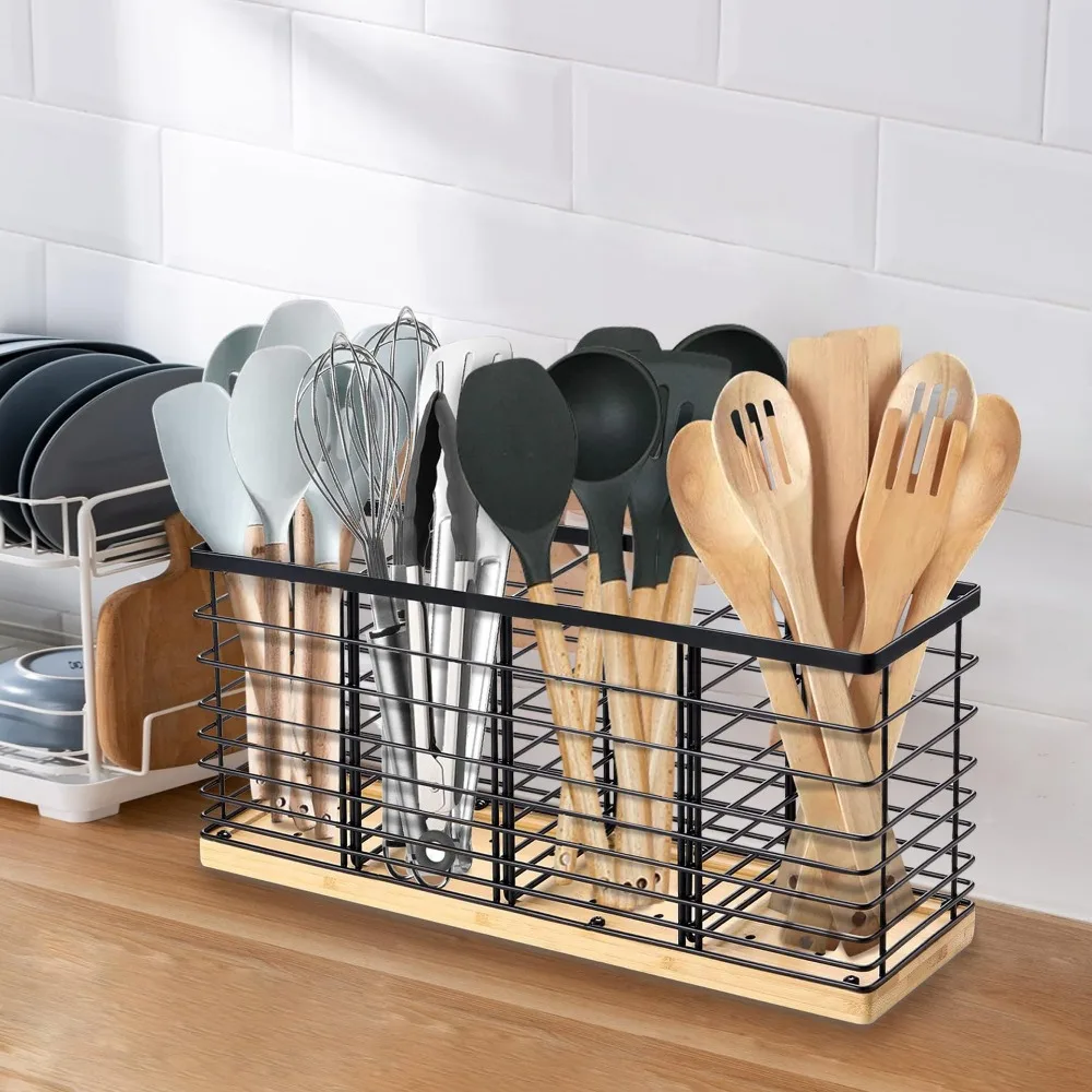 

Large Capacity Cooking Utensils Storage Basket Detachable 4 Compartment Cutlery Holder Ventilated Drainable