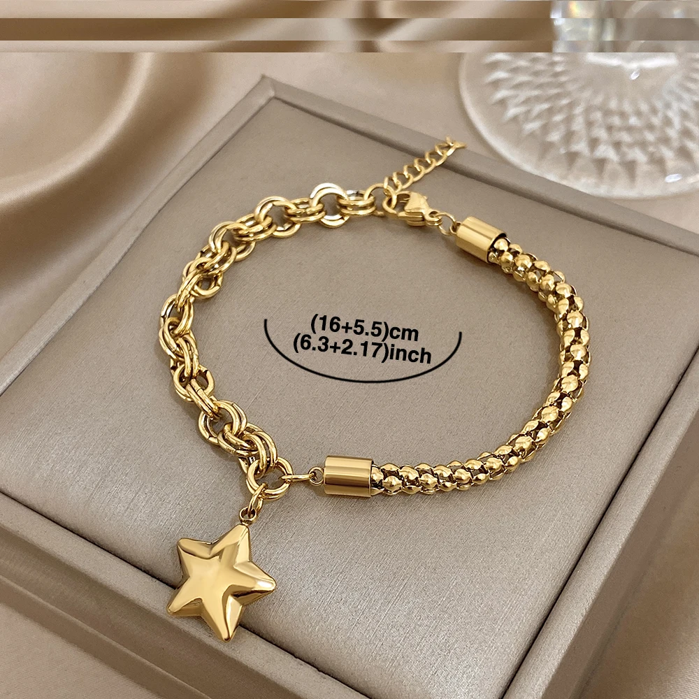 New Gold Plated Stainless Steel Bracelet Golden Thick Chain Five Pointed Star Pendant Stylish Versatile Perfect For Daily Wear