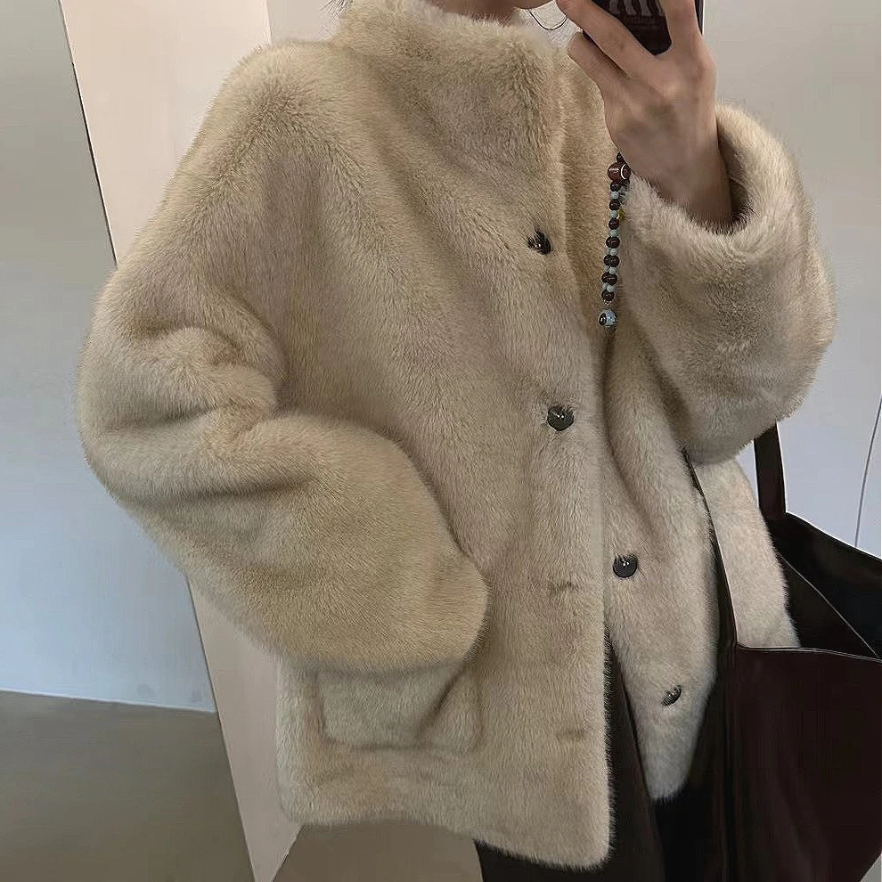 Faux Fur Mid Length Coats Jackets Women Stand Collar Coat Thick Warm Y2k Streetwear Jacket Elegant Outerwear Autumn Winter