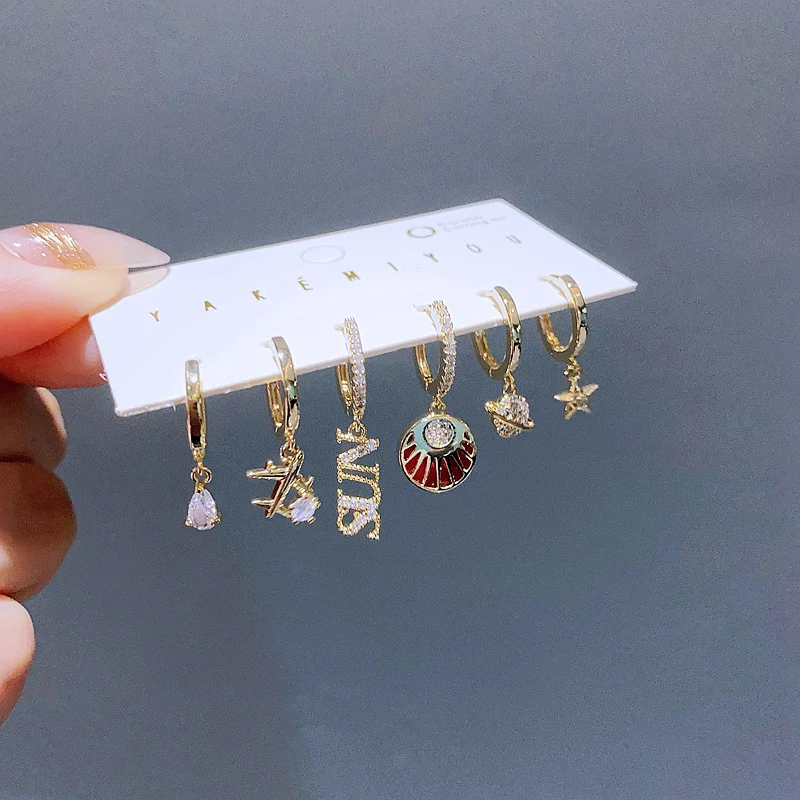 New Mixed Design Plane Saturn Star Dangle Earrings Set for Women Cubic Zirconia Huggies Jewelry