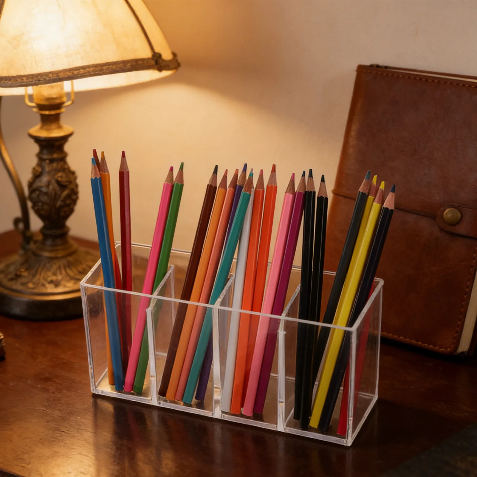 Acrylic Pen Holder 4 Compartments Transparent Desk Organizer Clear Pencil Storage Box Multipurpose Stationery Utensil Holder