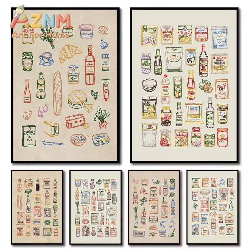 World Ingredient Filipino Indian French Japanese Kitchen Food Illustration Poster Canvas Painting Wall Art Pictures Home Decor