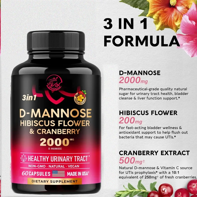 D-mannose 2000 mg 60 cápsulas - vejiga 3 en 1, hígado y apoyo digestivo arándano y hibisco apto para hombres y mujeres