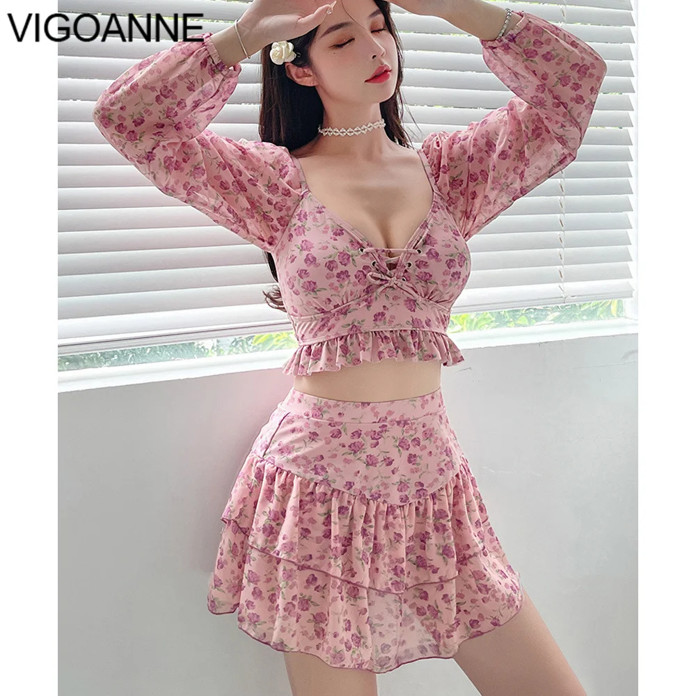 VigoAnne 2025 Print Long Sleeve Swimwear Women Sexy High Waist Skirt Bikini Set Korean Lolita Swimsuit Summer Bathing Suit