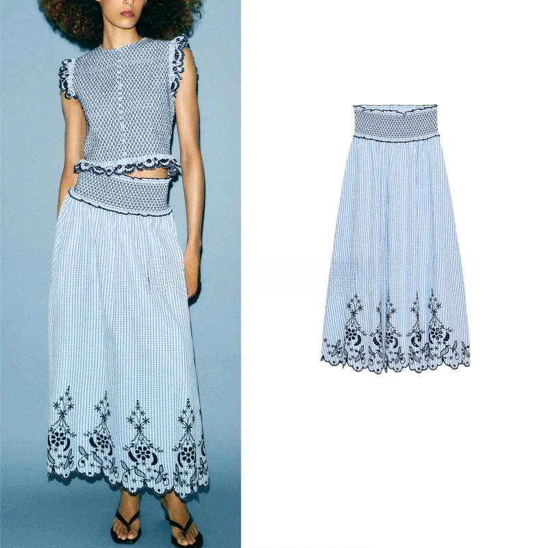 

Long Midi Skirt with Ruffle Hemline And Elastic Waist round Neck Sleeveless Embroidered Floral Pattern Spring Summer Women's ...