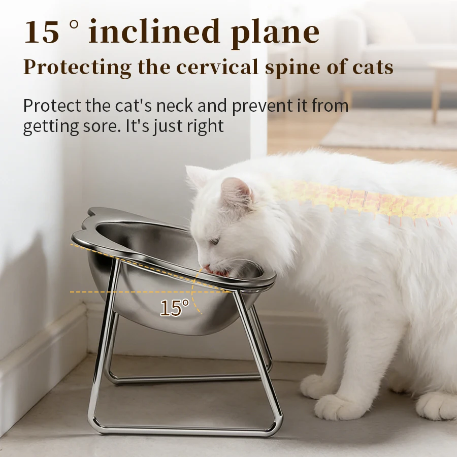Comederos elevados para gatos con inclinación para proteger el cuello, de acero inoxidable 304, resistentes a roturas, elevados 15 cm °   Artículos para Mascotas para Cachorros y Gatos