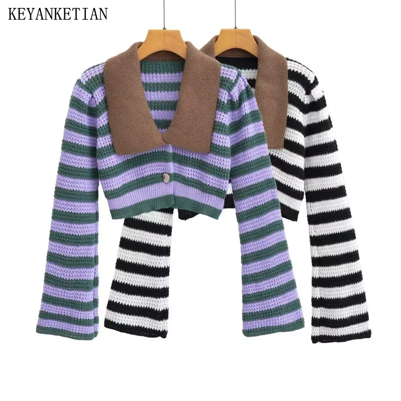 

KEYANKETIAN Autumn New Women's Short Doll Collar Striped Sweater High Street Single Breasted Knitwear Crop Top Flare Sleeve