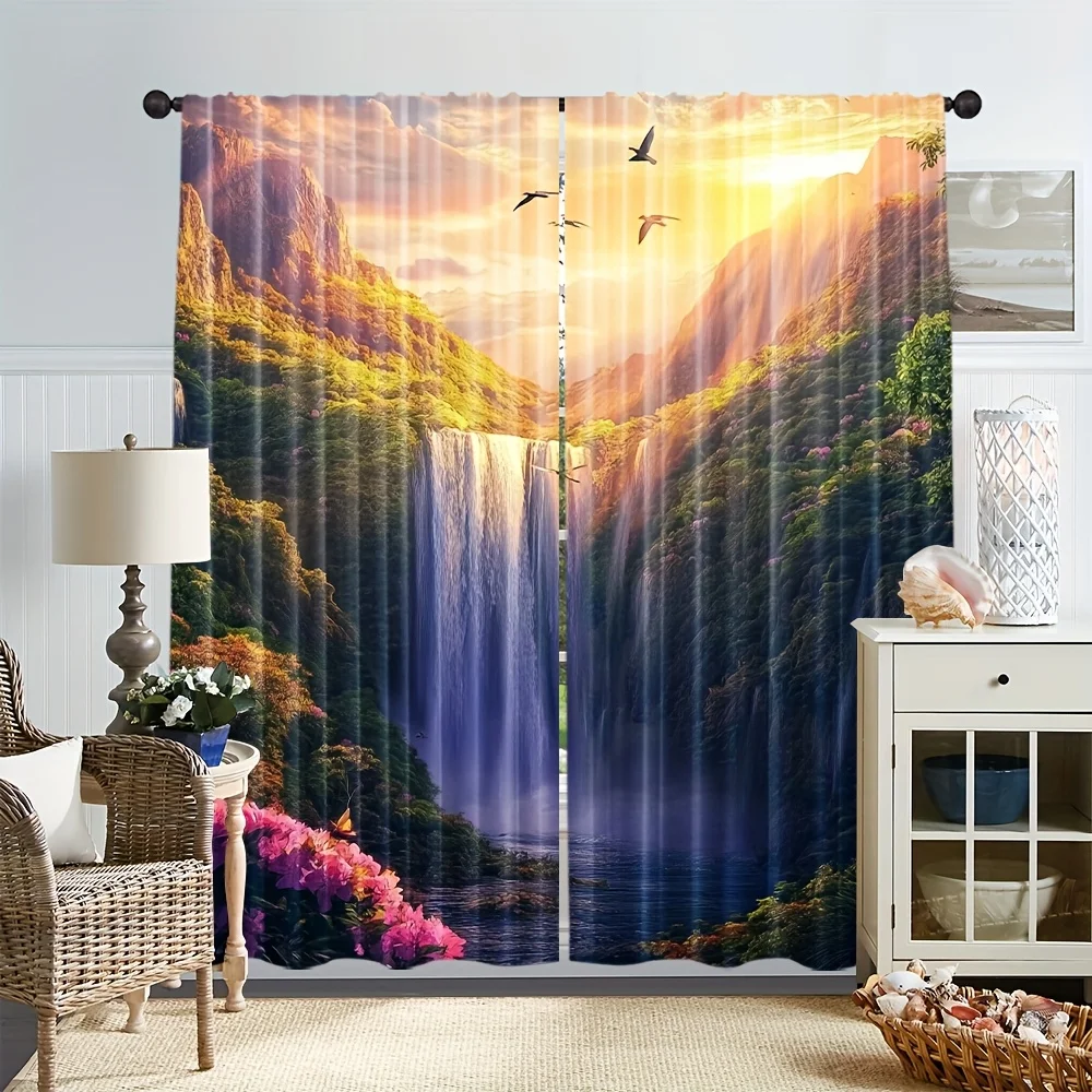 Tropical waterfall sunset curtains, pole-mounted installation. Suitable for living rooms, bedrooms, dining rooms, and hotels.