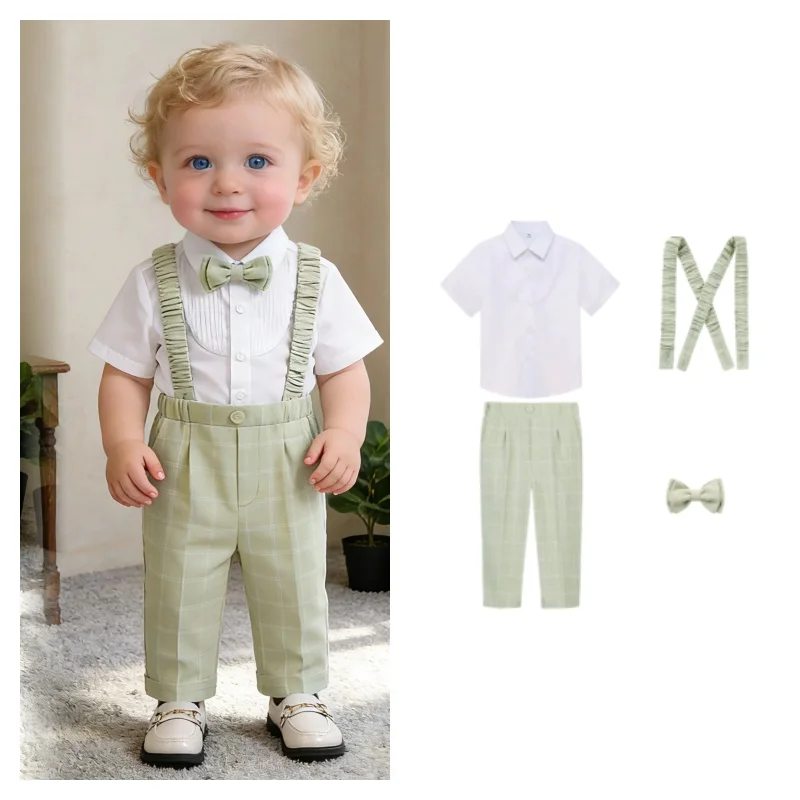 Little Gentleman Kids Summer Shirt Strap Pants Bowtie School Unifrom Boys 1 Year Birthday Dress Children Photography Costume