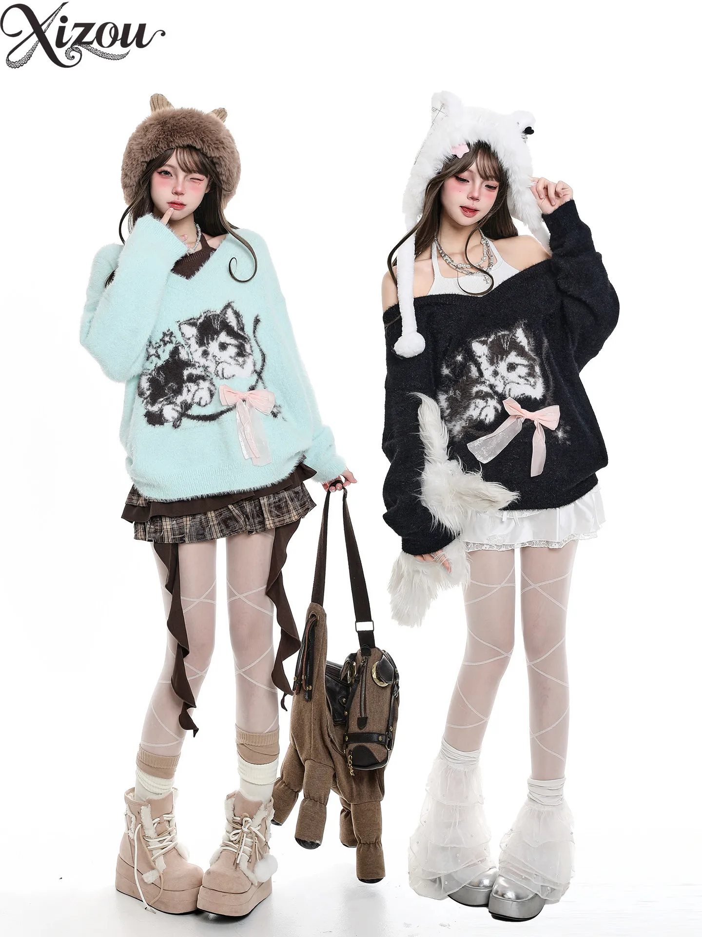 Soft Mink Fleece Pullover Cute Cat Graphic V-Neck Bow Ornament Loose Off Shoulder Sweater Autumn Kawaii Girls Top Pullovers 2026