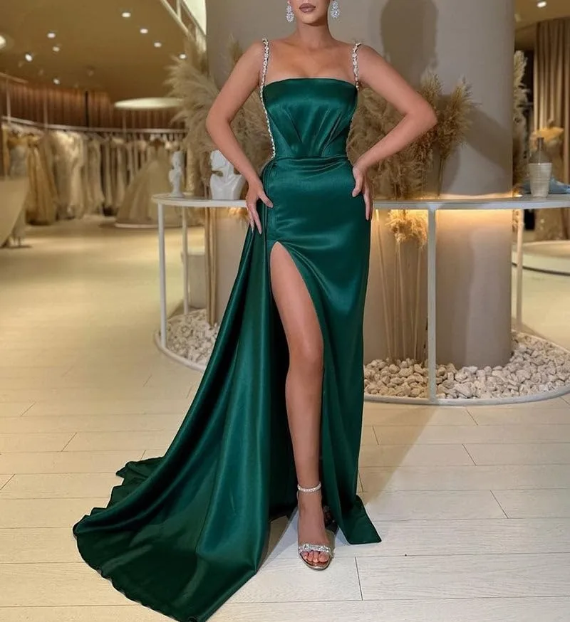 

Spaghetti Straps Prom Silk Dress for Women Popular High Split Long Sexy Formal Banquet Dresses Beaded Fitted Evening Gowns