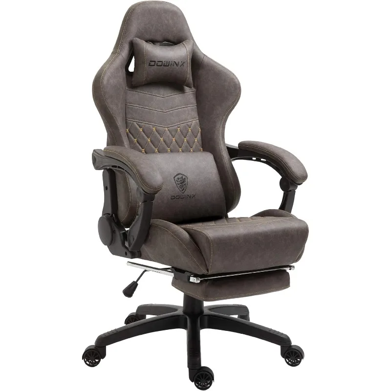 Retro Style Work Chair PU Leather High Back Gaming Chair with Retractable Footrest (Brown)