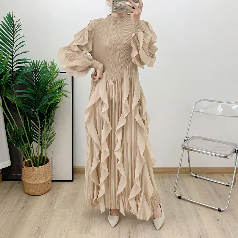 ANLAN Slim Pleated Dress For Women O-Neck Long Sleeves Ruffles Fashion Solid Maxi Evening Dresses Clothing 2024 Autumn New 2A109