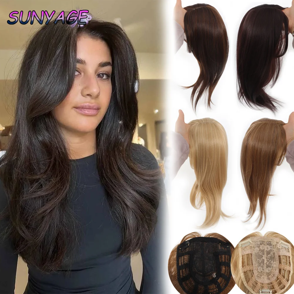 

SUNYAGE 14'' Hair Toppers with Bangs for Women Synthetic 15x15 Top Hairpieces Wigs Long Striaght Clip in Hair Extension