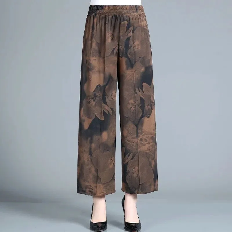 Vintage Print Wide Leg Pants Women's Summer New Casual Loose Mom's Pants For Middle-aged And Elderly High Waist Trousers 4XL