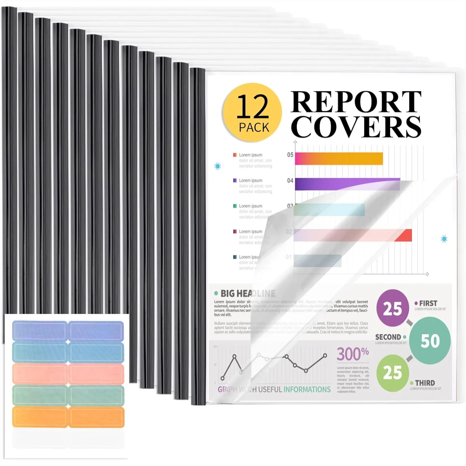 

12 Pack Clear Report Covers with Sliding Bar, 70 Sheet Capacity Presentation Folders for A4 and Letter Size Paper