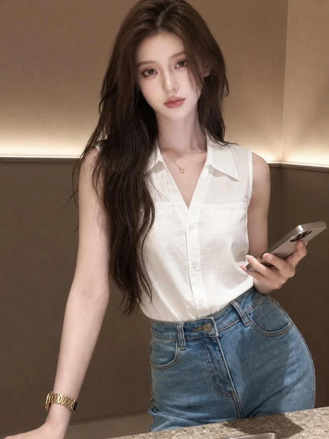 

Slimming Summer Vest Design Sensation Sleeveless Pure Color Versatile V-Neck Button up Top Korean Style Commute Silk Women's ...
