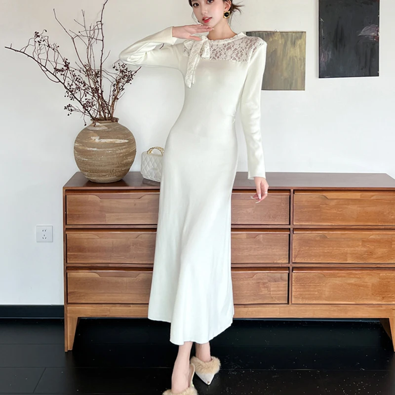 Korean Fall Winter Elegant Dress Women Jacquard Patchwork Solid Slim Dress Lace Knit Sweet Long Sleeve Party Evening Vestidos