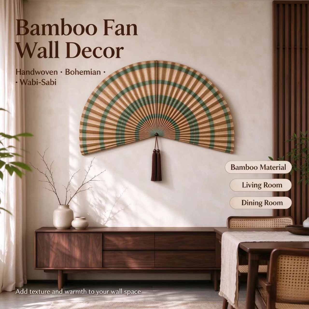Oversized Handwoven Bamboo Fan Wall Hanging, Wabi Sabi Wall Art