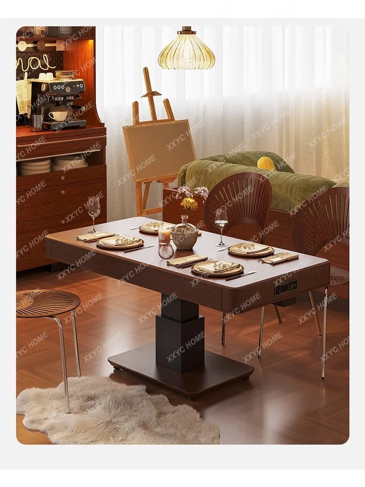 Retro Solid Wood Coffee Table Multi-Functional Lifting Coffee Table Double-Use Living Room Small Apartment