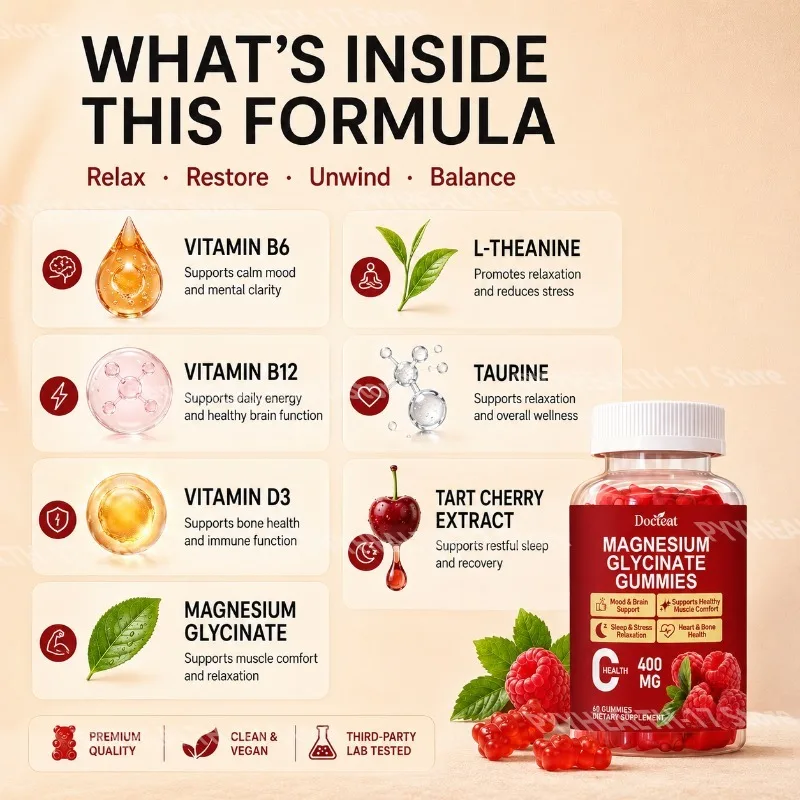 Docteat Magnesium Glycinate Gummies Sleep and Stress Relaxation Mental Calm Support Easy To Take Raspberry Flavor 60 Gummies