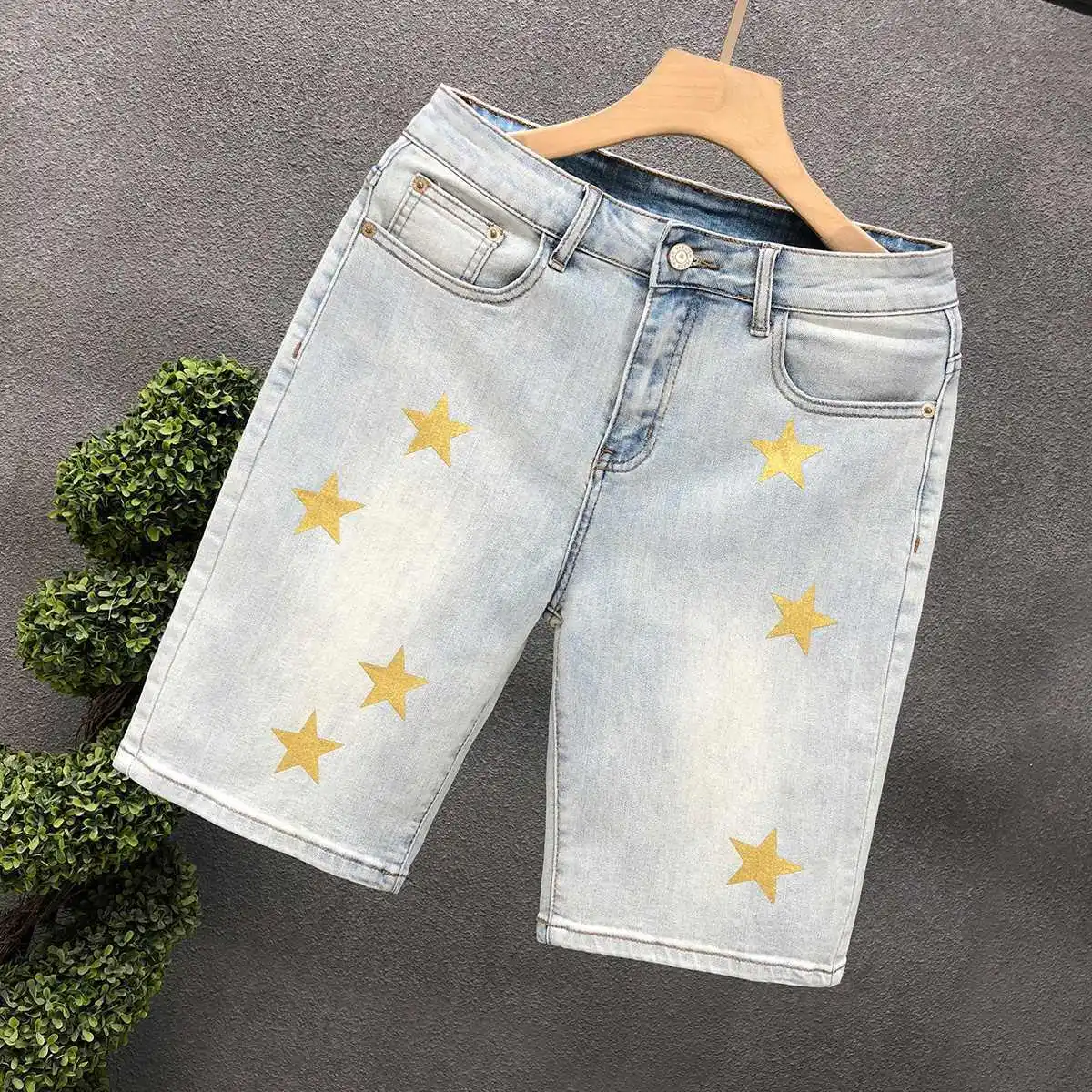 Fashion Trendy Brand 2026 Washed Light Blue Cotton Shorts Denim Shorts Boutique Short Pants Men's High-end Medium Pants