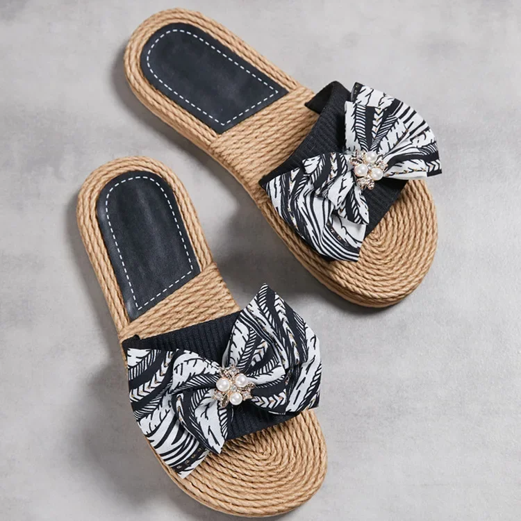 Female Summer Slippers Artificial Straw Sole Shoes Lady Summer Indoor Flat with Flip Flops Stitching Floral Women Slippers