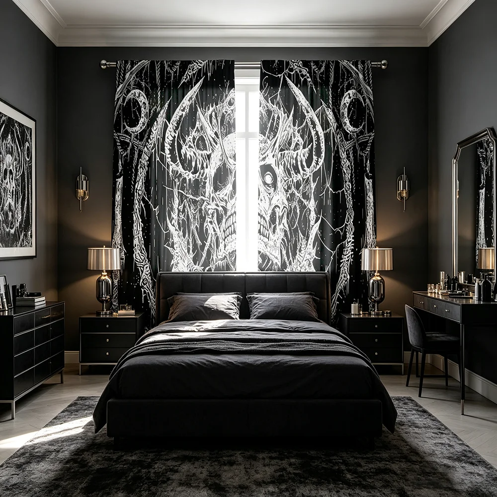 2PCS Skull Print Curtains, Gothic Halloween Pattern, Window Drapes for Living Room Bedroom Punk Rock Home Decor