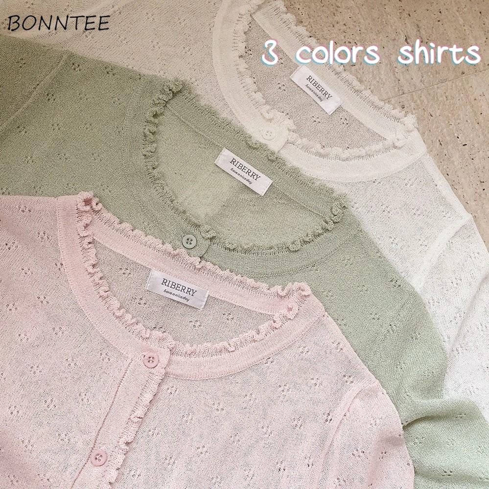 

Spring Shirts Women Sunscreen Sweet Slim Cropped Simple French Style Vintage Hollow Out Designed Elegant Clothing All-match Chic