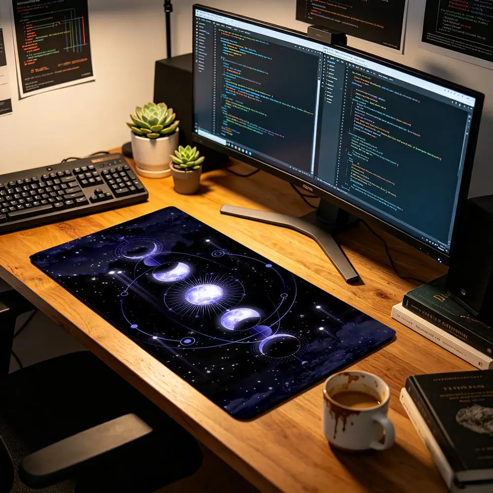 Office Pads Dreamy Star and Moon Art Rubber Mouse Pad | Non-Slip Desk Mat for PC Gaming | Stitched Edge Various Sizes 40x90cm