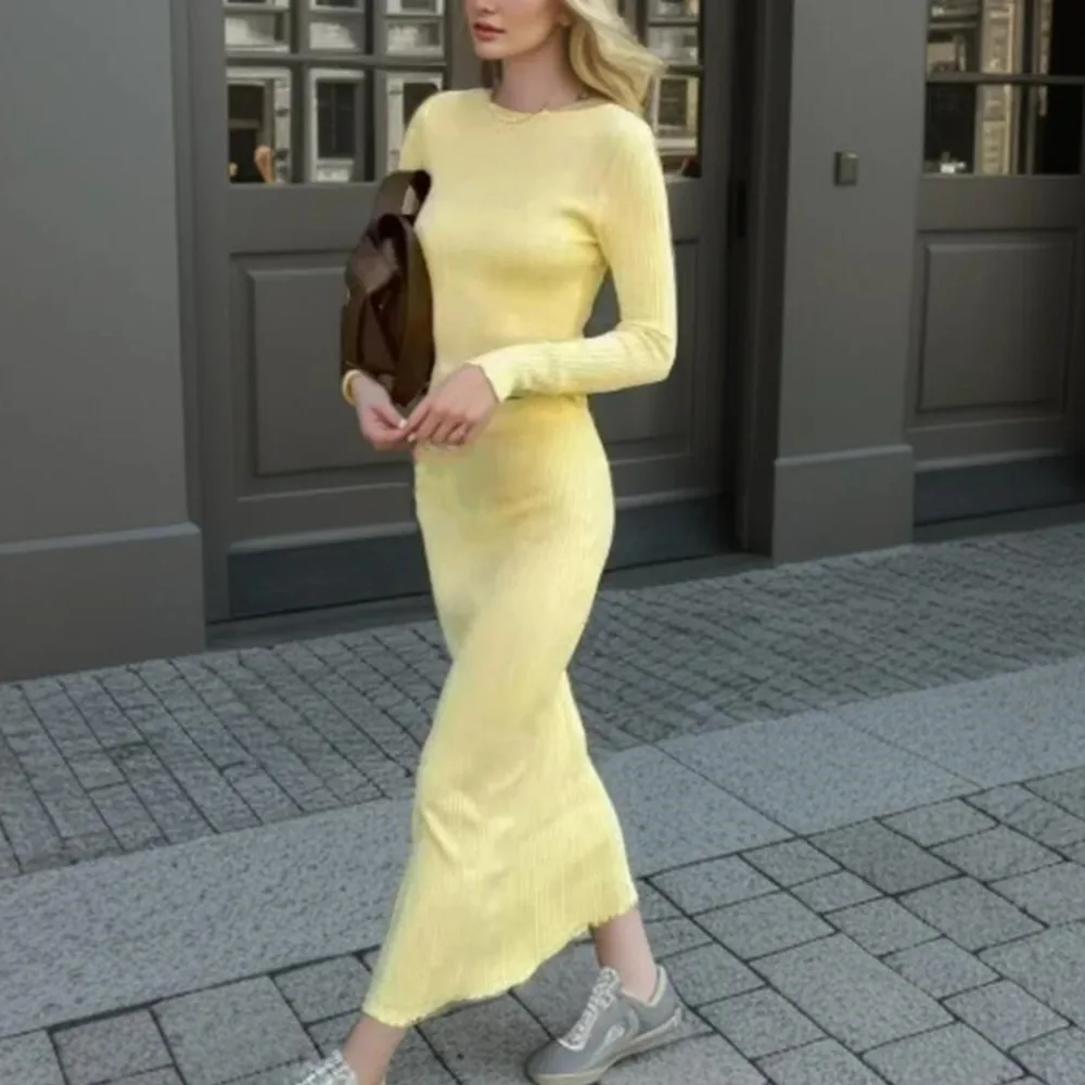 2 pieces 1 set Women Yellow Rib Line Knitted Wood ears O neck Crop Sweater High Waist Package Hips Pencil Maxi Long Skirt Suits