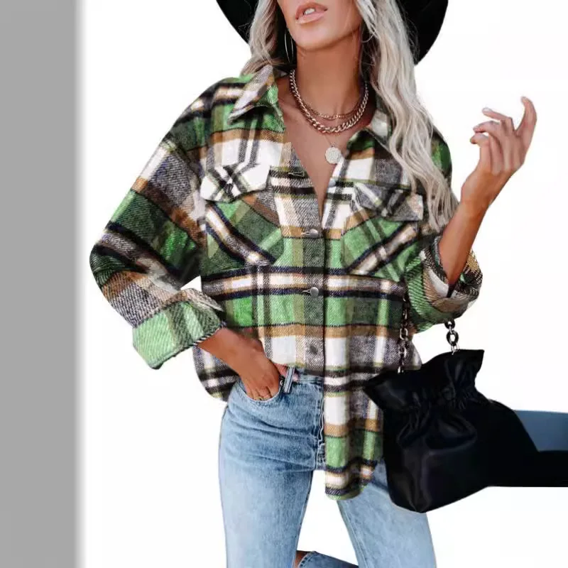 New Women's Checkered Shirt Woolen Knitted Coat