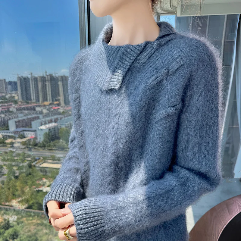 

100%Pure Mink Cashmere Knitted Sweater Women's High-Necked Twist Pullovers Fashion Loose Long Sleeve Bottoming Shirt Thick Tops
