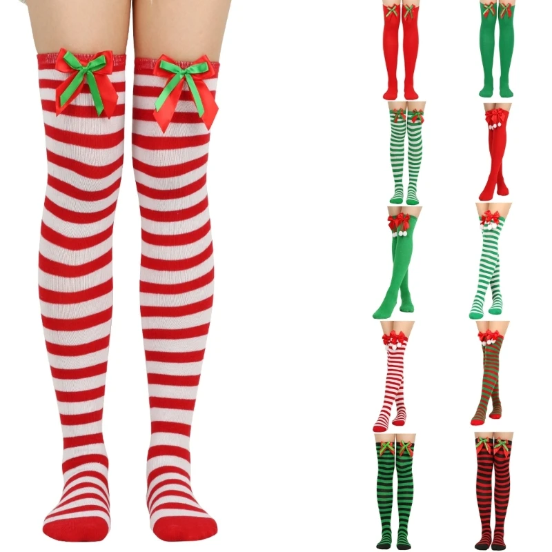 

3 Pair Women Christmas Long Stockings Holiday Striped Thigh High Socks with Bows