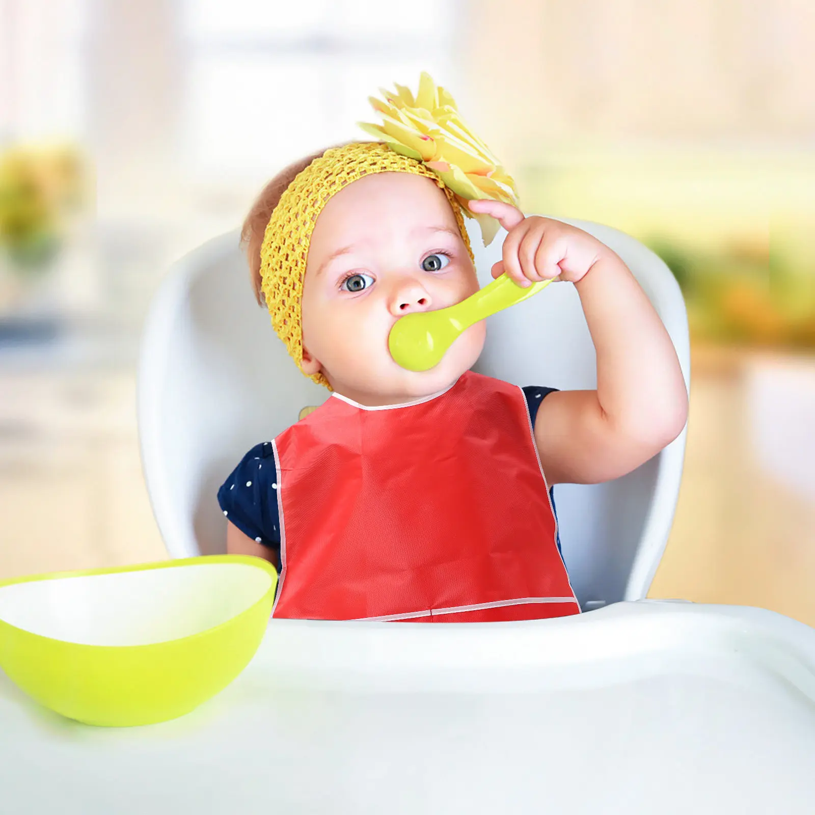 Baby Feeding Bib Waterproof Soft Nylon with Rice Pocket, Dirt-Resistant Kids Drawing Smock for Infants